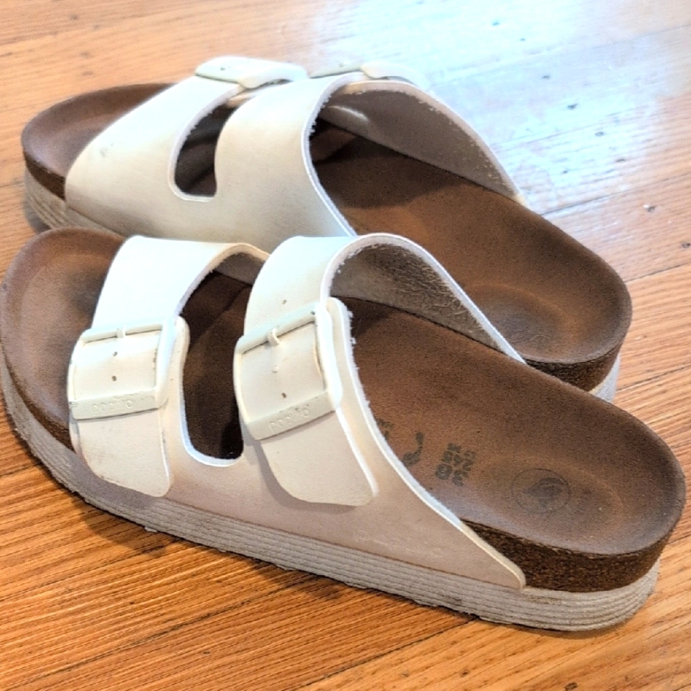 White Birkenstock Platform Slide Sandals with Buckles Size 38